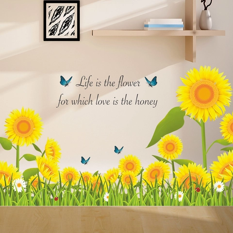 Moderno Adesivo da Parete con Girasole e Slogan PVC Autoadesivo Floreale Decalcomania per Soggiorno Camera da Letto Decorazione Murale Removibile