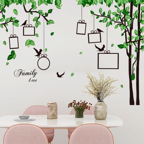 Pegatina de Pared de Árbol Genealógico Marco de Fotos Hojas Verdes Pájaros Calcomanía de PVC Removible Para Sala de Estar Dormitorio