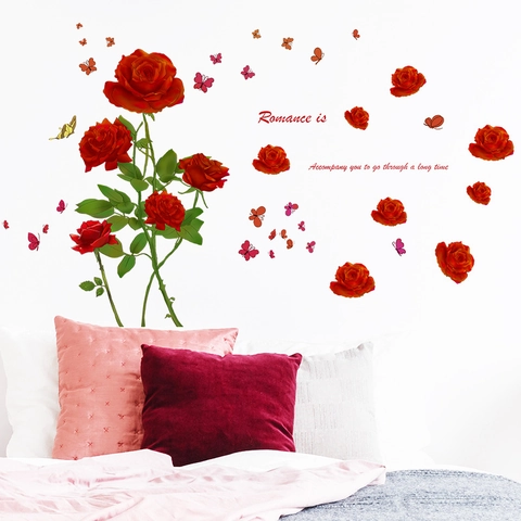 Adesivo da Parete Rosa Rossa Farfalla Citazione Romantica PVC Autoadesivo Decalcomanie per Camera da Letto Soggiorno Casa San Valentino