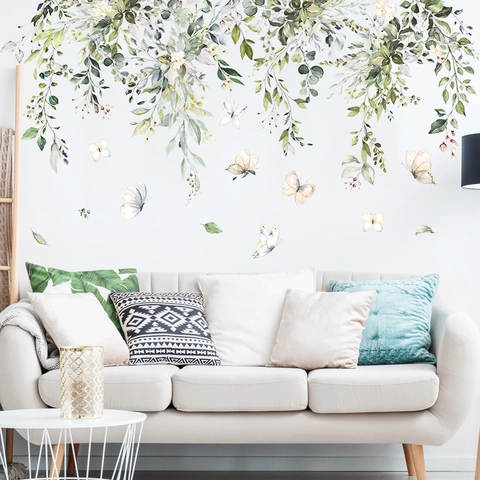 Pegatinas de Pared de Acuarela Hojas Verdes y Mariposas de PVC Enredaderas Florales Removibles Calcomanías de Arte DIY para Dormitorio Sala de Estar Decoración del Hogar