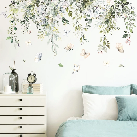 Pegatinas de Pared de Acuarela Hojas Verdes y Mariposas de PVC Enredaderas Florales Removibles Calcomanías de Arte DIY para Dormitorio Sala de Estar Decoración del Hogar