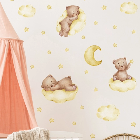 Aquarel Slapende Beer Maan Ster Muursticker PVC Cartoon Wolk Babykamer Muursticker Voor Kinderkamer Kleuterschool Decor