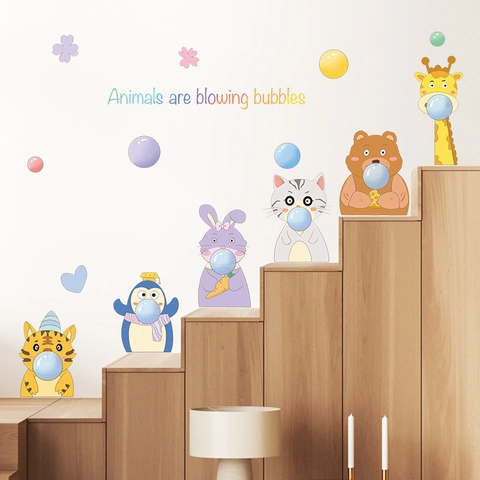 Sticker Mural Animaux de Dessin Animé Soufflant des Bulles PVC Imperméable Auto-adhésif Amovible pour Chambre d'Enfant Décor