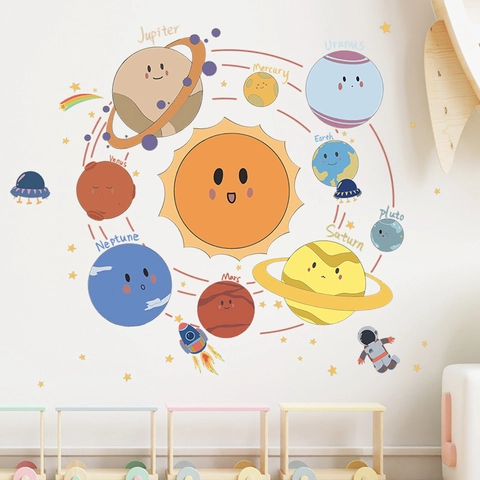 Adesivo da Parete Cartone Animato Sistema Solare per Cameretta Bambini Astronauta Pianeta Razzo Spazio Galassia DIY PVC Adesivo LD96066