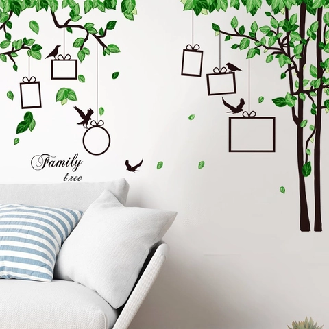 Pegatina de Pared de Árbol Genealógico Marco de Fotos Hojas Verdes Pájaros Calcomanía de PVC Removible Para Sala de Estar Dormitorio