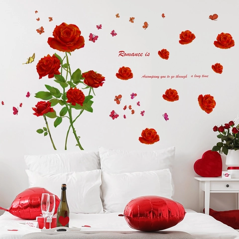 Adesivo da Parete Rosa Rossa Farfalla Citazione Romantica PVC Autoadesivo Decalcomanie per Camera da Letto Soggiorno Casa San Valentino