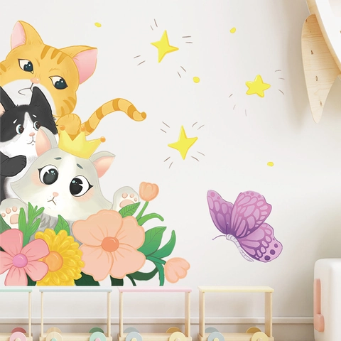 Cute Cartoon Cat Wall Stickers Waterproof PVC Kitten Flower Butterfly Decals For Kids Nursery Room Home Decor