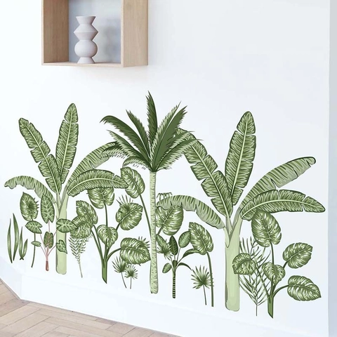 Adesivi Murali Piante Verdi Tropicali Foglie di Palma Banano in PVC Removibili Decalcomanie Casa per Soggiorno Camera da Letto