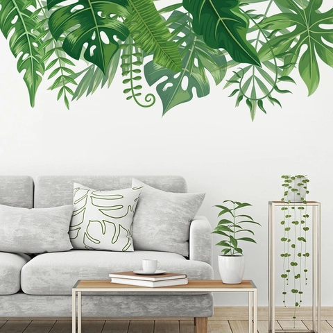 Nordic Tropical Green Leaf Wall Stickers PVC Removable Monstera Palm Leaves Decorative Decals For Living Room Bedroom Home Decor