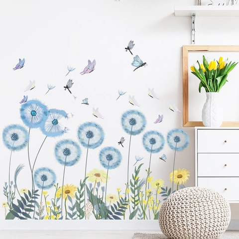 Blue Dandelion Butterfly Flower Wall Stickers DIY PVC Self Adhesive Wall Decals For Living Room Bedroom Home Decoration