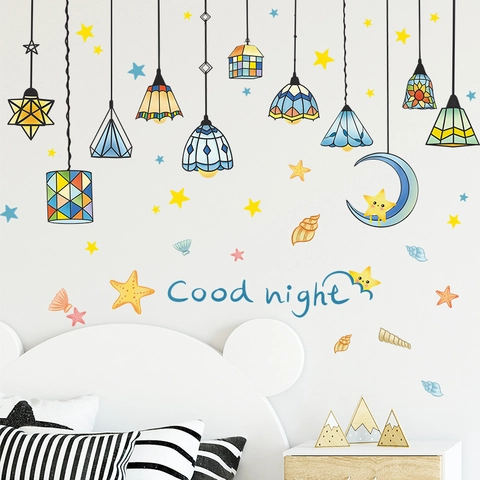 Cartoon Bunter Kronleuchter Sterne Mond Gute Nacht Wandsticker Für Kinderzimmer Schlafzimmer DIY Heimdeko PVC Wasserdicht Wandaufkleber