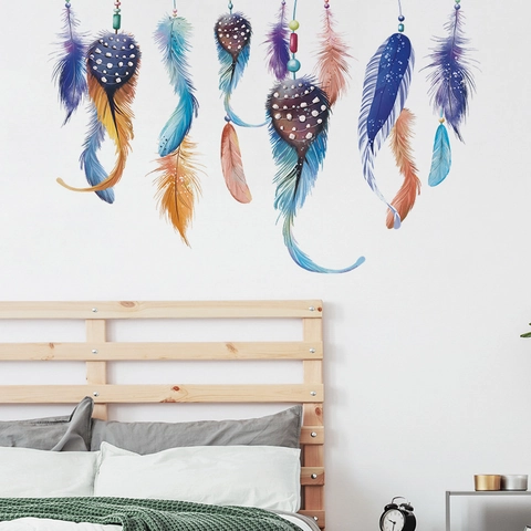 Pegatinas De Pared De Plumas De Colores De Ensueño Para Dormitorio Sala De Estar Estilo Atrapasueños PVC Removible DIY Impermeable Arte Mural Decoración Hogar