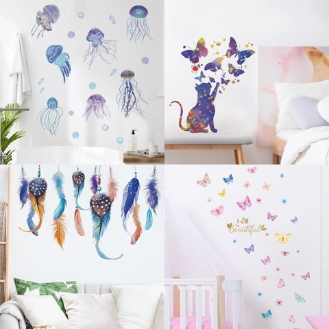 Stickers Muraux Dessin Animé Aquarelle Méduse Papillon Chat Plume Auto-adhésif PVC Décoration pour Chambre d'Enfant Maison