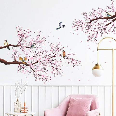Pastoral Cherry Blossom Tree Branch Bird Wall Sticker PVC Removable Pink Floral Self-Adhesive Decal For Bedroom Home Decor