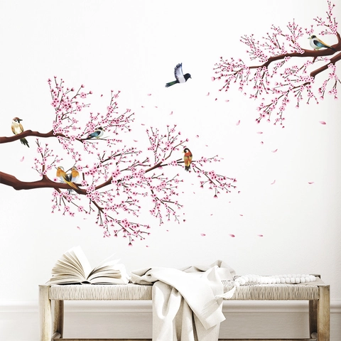 Pastoral Cherry Blossom Tree Branch Bird Wall Sticker PVC Removable Pink Floral Self-Adhesive Decal For Bedroom Home Decor
