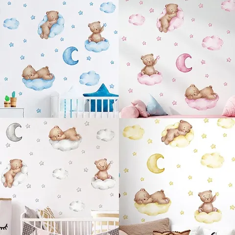Aquarel Slapende Beer Maan Ster Muursticker PVC Cartoon Wolk Babykamer Muursticker Voor Kinderkamer Kleuterschool Decor