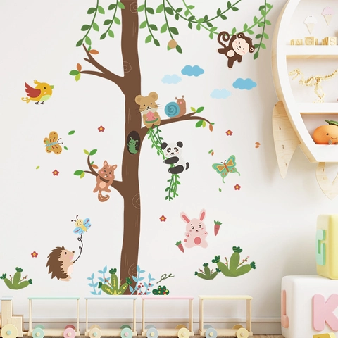 Pegatinas de Pared de Árbol de Animales del Bosque de Dibujos Animados Para Niños PVC Autoadhesivo Panda Mono Decoración Hogar