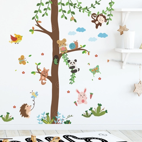 Pegatinas de Pared de Árbol de Animales del Bosque de Dibujos Animados Para Niños PVC Autoadhesivo Panda Mono Decoración Hogar