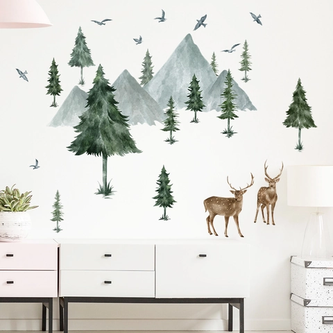 Pegatinas de Pared Nórdicas de Acuarela Bosque Montaña Ciervo Pino PVC Autoadhesivas Removibles para Decoración de Sala Hogar