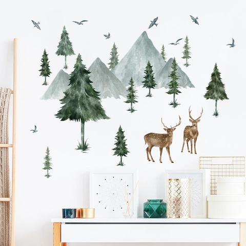 Pegatinas de Pared Nórdicas de Acuarela Bosque Montaña Ciervo Pino PVC Autoadhesivas Removibles para Decoración de Sala Hogar