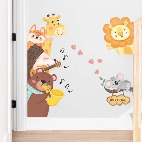 Adesivi Murali Banda Musicale Animali Cartoon PVC Removibili Autoadesivi Arredamento Cameretta Bambini Volpe Orso Giraffa