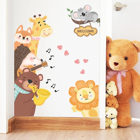 Adesivi Murali Banda Musicale Animali Cartoon PVC Removibili Autoadesivi Arredamento Cameretta Bambini Volpe Orso Giraffa
