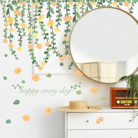 Fresh Green Vine Leaves PVC Wall Sticker With Yellow Flowers Happy Every Day Quote For Bedroom Living Room Home Decoration