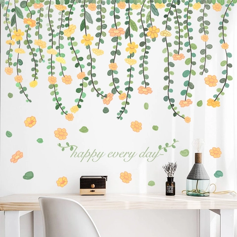Fresh Green Vine Leaves PVC Wall Sticker With Yellow Flowers Happy Every Day Quote For Bedroom Living Room Home Decoration