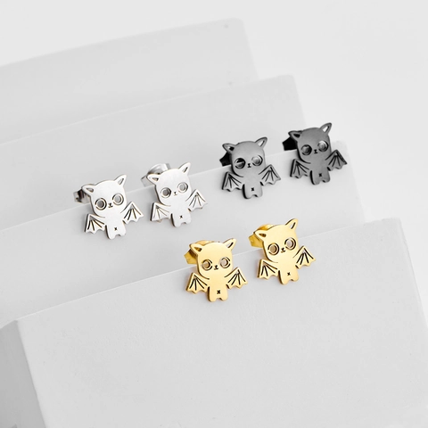 Stainless Steel Bat Stud Earrings For Women Cute Cartoon Animal Cat Ear Design Halloween Party Fashion Jewelry Gift
