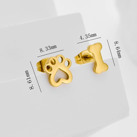 Asymmetric Stainless Steel Stud Earrings For Women Hollow Paw Print Bone Shape Gold Silver Plated Sweet Minimalist Jewelry