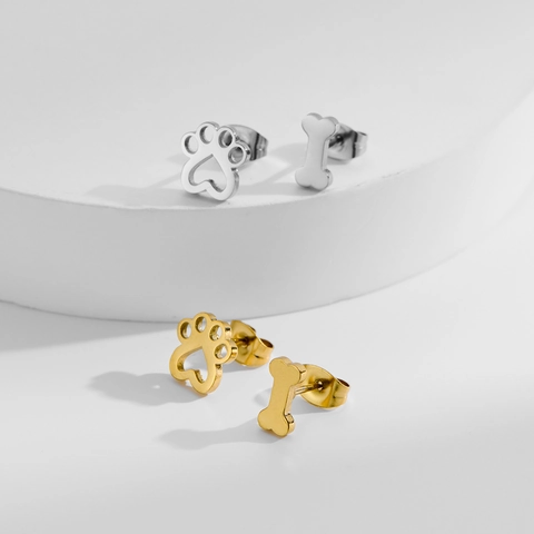 Asymmetric Stainless Steel Stud Earrings For Women Hollow Paw Print Bone Shape Gold Silver Plated Sweet Minimalist Jewelry