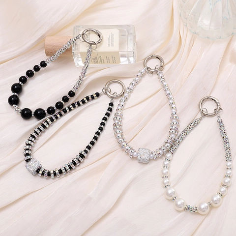 Cordino per Cellulare Portachiavi a Perline Fatto a Mano Donna Lusso Lega Strass Perla Artificiale Decorazione Borsa Accessorio