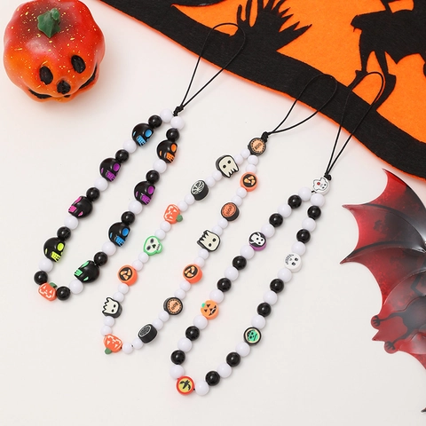 Cordino per Telefono con Perline di Halloween Ciondolo Fantasma Teschio Zucca Cinturino da Polso Anti-Smarrimento Donna Gioielli
