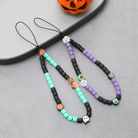Catena per Cellulare a Tema Halloween Zucca con Perline Cinturino da Polso Acrilico Argilla Polimerica Fantasma Teschio Accessorio