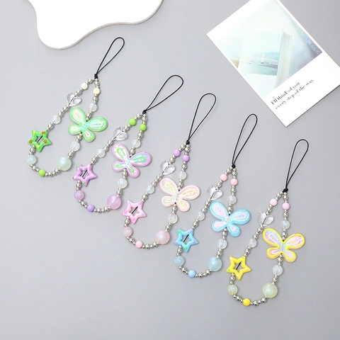 Handbemalte Schmetterling Perlen Handykette Bonbonfarben Sternanhänger Schlüsselband Anti-Verlust Handschlaufe Damen Phone Charm
