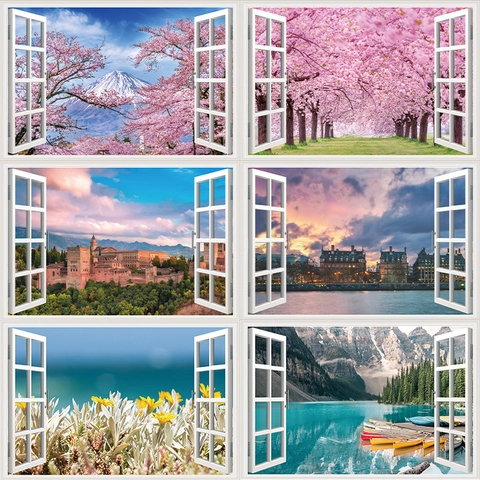 3D Vensterzicht Landschap Wandstickers PVC Zelfklevend Strand Berg Kersenbloesem Bos Verwijderbare Huis Muurstickers