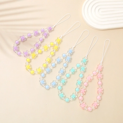 Correa de Teléfono de Cuentas Color Caramelo Hecha a Mano Acrílico Mariposa Flor Pulsera Cadena Anti-Caída Joyería Mujer Regalo