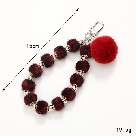 Portachiavi con Perline e Palla di Peluche con Stampa Leopardata Cordino per Telefono in Ecopelliccia Chiusura in Metallo Donna