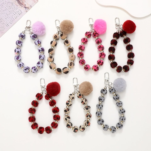 Fashion Leopard Print Plush Ball Keychain For Women Colorful Beaded Phone Lanyard Faux Fur Key Ring Bag Charm Wrist Strap