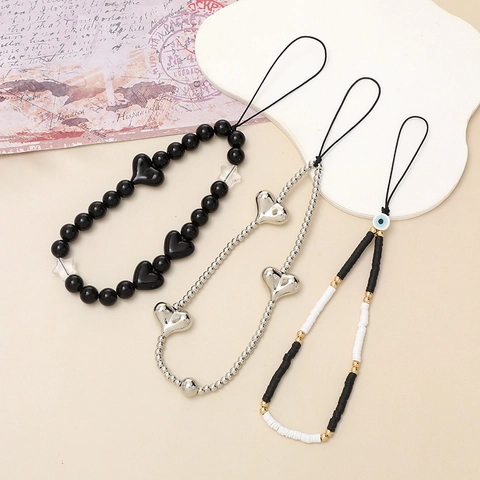 Handmade Beaded Heart Phone Charm Strap For Women Acrylic Alloy Polymer Clay Evil Eye Star Beaded Phone Case Hanging Lanyard
