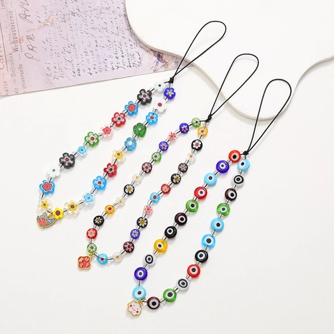 Handmade Evil Eye Beaded Phone Charm Colored Glaze Flower Lanyard Wrist Strap With Cloud Pendant For Women Anti-Lost Jewelry