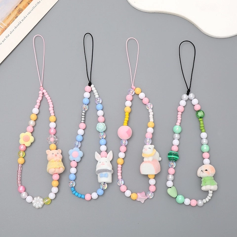 Süßer Beflockter Tier Perlen Handy-Anhänger Acryl Künstliche Perle Handgelenkschlaufe Süße Handgefertigte Handy-Lanyard Dekor