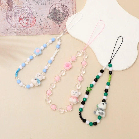 Handmade Cute Cartoon Bear Panda Beaded Phone Strap Anti-Lost Wristlet Resin Beads Mobile Phone Case Hanging Charm Decor