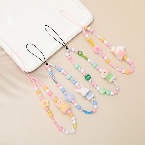 Handmade Beaded Phone Chain With Flocking Cartoon Animal Doll Lanyard Cute Sweet Phone Case Wrist Strap Charm For Women