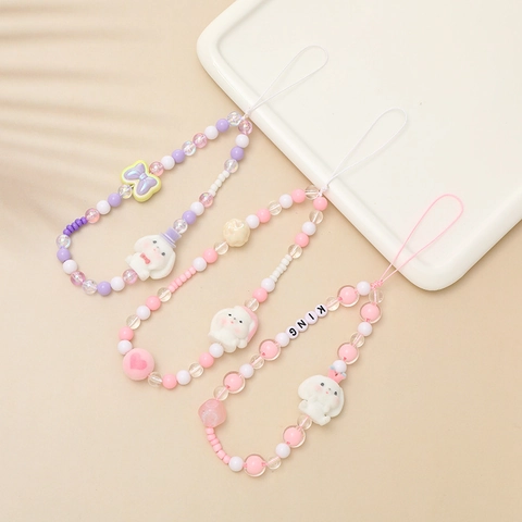 Handgefertigte Perlen Handykette Acryl Cartoon Welpen Kaninchen Anhänger Anti-Verlust Handschlaufe Süße Handykette Für Damen