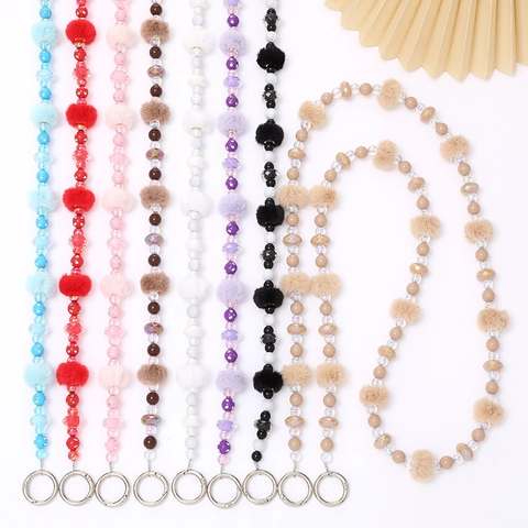 Fashion Plush Pom Pom Beaded Phone Lanyard Crossbody Chain For Women Colorful Acrylic Bead Bag Strap Anti-Lost Decoration