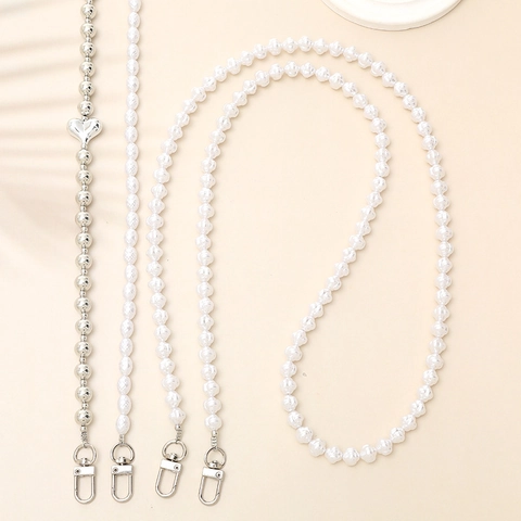 Künstliche Perle Crossbody Handykette Mit Silber Schleife Herz Anhänger DIY Handgefertigt Perlen Taschengurt Lanyard Damen Accessoire