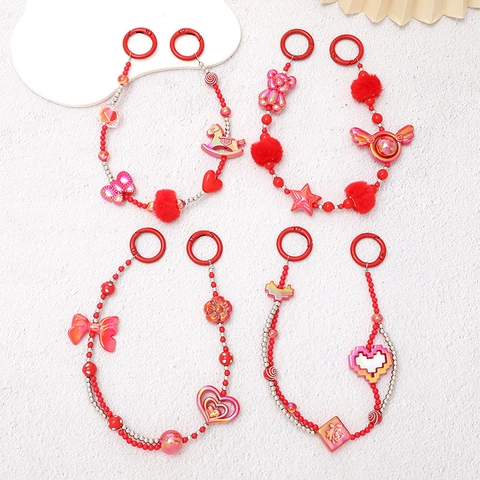 Red Beaded Phone Chain Heart Bow Bear Pendant Bag Charm Chinese Style Lucky Character Keychain For Women Girls Fashion Accessories