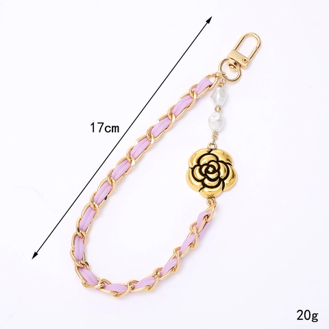 Pendaglio per Borsa Camelia Vintage Perla Artificiale Catena Intrecciata in Pelle Cinturino da Polso Lega Oro Donna