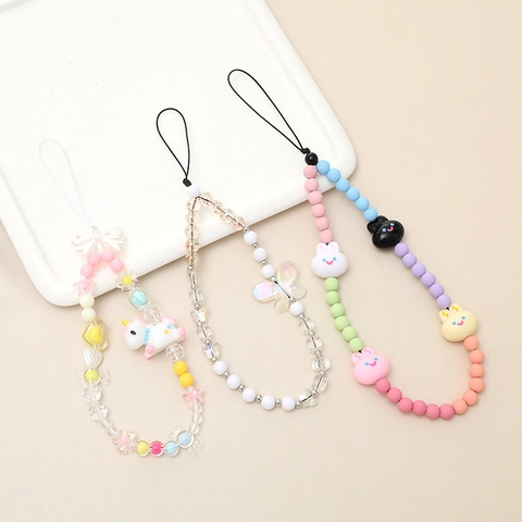 Handmade Beaded Phone Strap With Cute Cartoon Rabbit Unicorn Butterfly Charms Colorful Resin Bead Anti-lost Lanyard For Women Girls